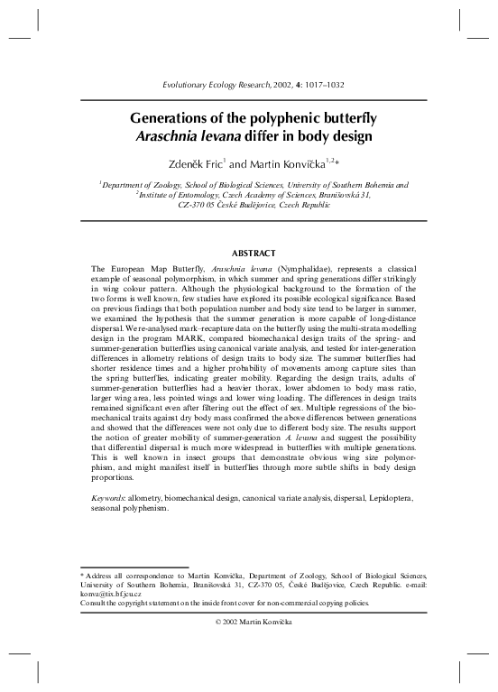 (PDF) Generations of the polyphenic butterfly Araschnia levana differ ...