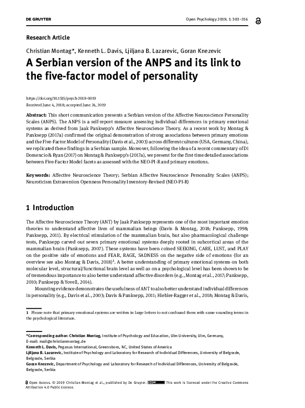(PDF) A Serbian version of the ANPS and its link to the five-factor ...