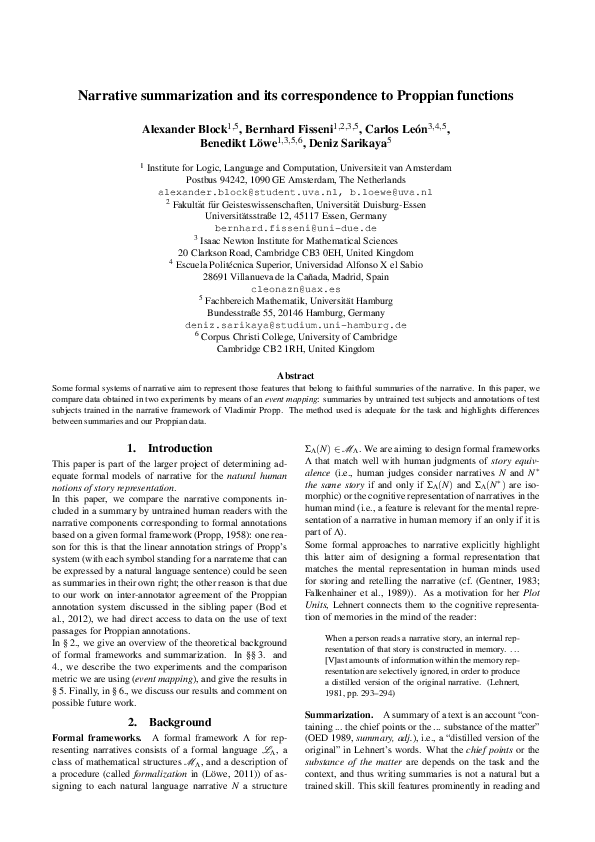 (PDF) Narrative summarization and its correspondence to Proppian functions