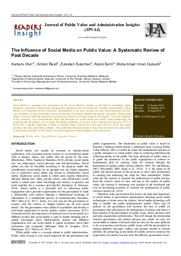 (PDF) The Influence of Social Media on Public Value: A Systematic ...