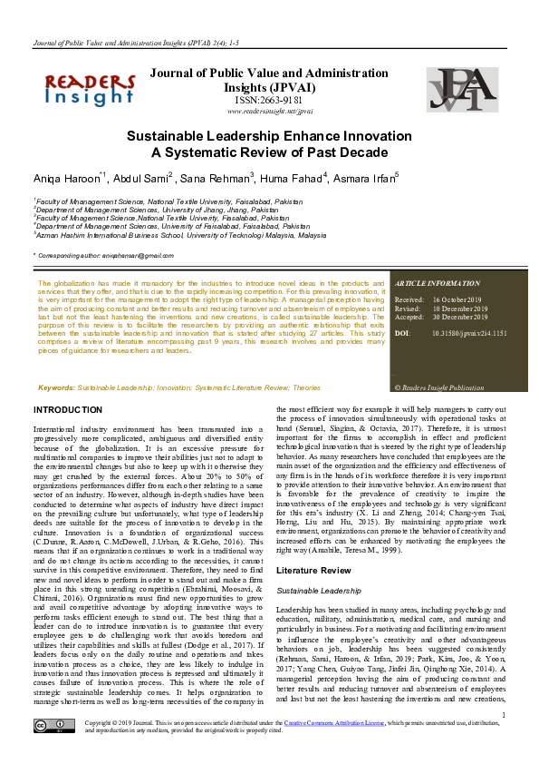 (PDF) Sustainable Leadership Enhance Innovation: A Systematic Review of ...