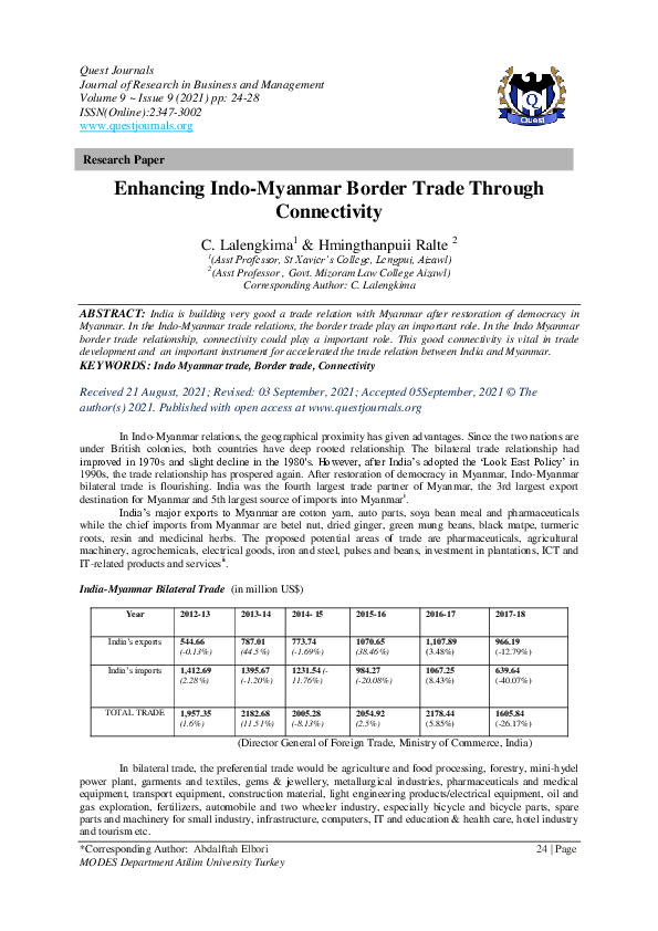 Enhancing Indo-Myanmar Border Trade Through Connectivity