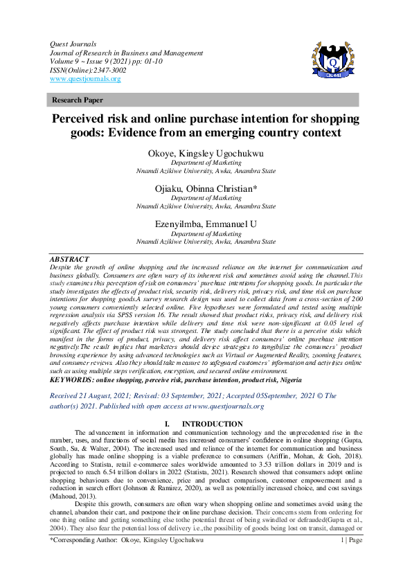 (PDF) Perceived risk and online purchase intention for shopping goods ...