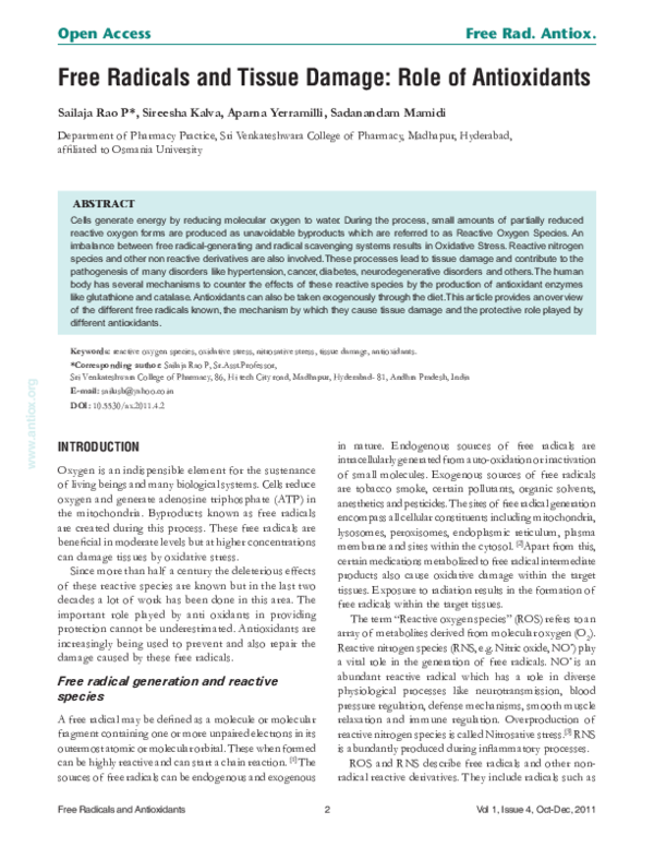 (PDF) Free Radicals and Tissue Damage Role of Antioxidants sailaja