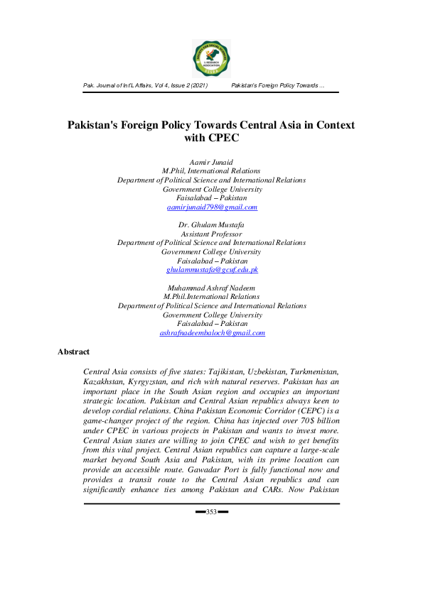 (PDF) Pakistan's Foreign Policy Towards Central Asia in Context with CPEC