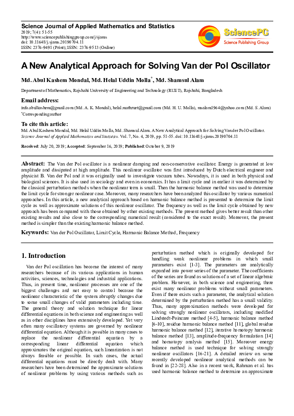(PDF) A New Analytical Approach for Solving Van der Pol Oscillator