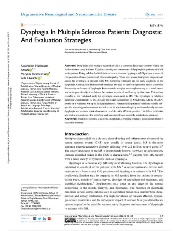 (PDF) Dysphagia In Multiple Sclerosis Patients: Diagnostic And ...