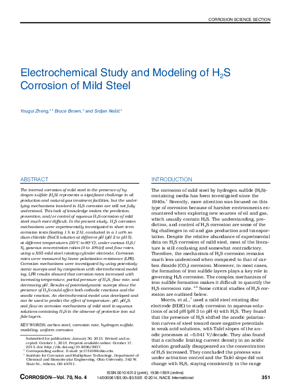 (PDF) Electrochemical Study and Modeling of H 2 S Corrosion of Mild Steel