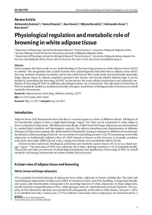 (PDF) Physiological regulation and metabolic role of browning in white ...
