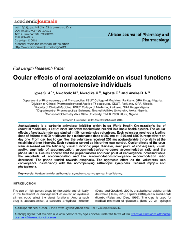 (PDF) Ocular effects of oral acetazolamide on visual functions of ...