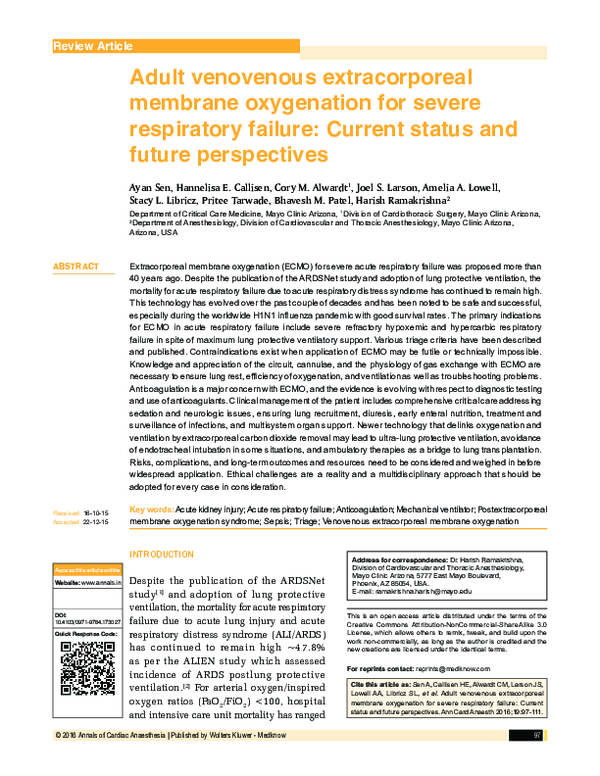 (PDF) Adult venovenous extracorporeal membrane oxygenation for severe ...