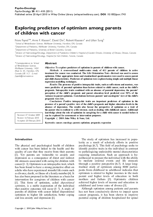 (PDF) Exploring predictors of optimism among parents of children with ...