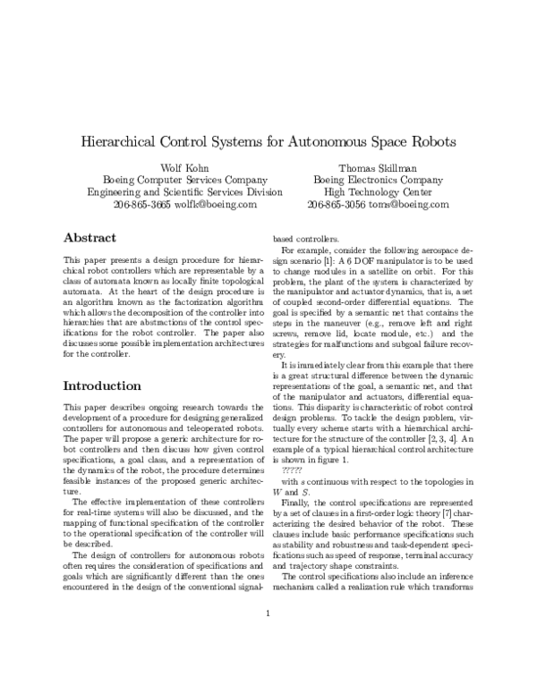 (PDF) Hierarchical control systems for autonomous space robots
