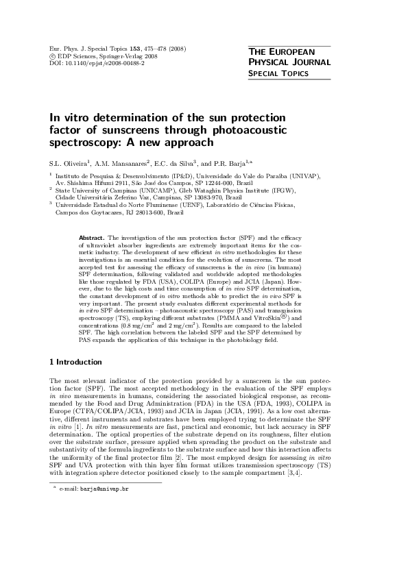 (PDF) In vitro determination of the sun protection factor of sunscreens ...