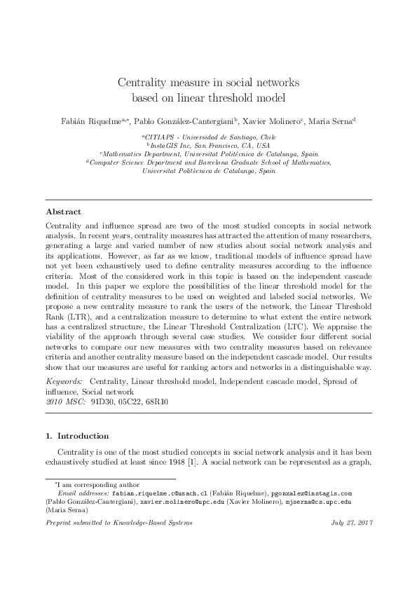 (PDF) Centrality measure in social networks based on linear threshold model