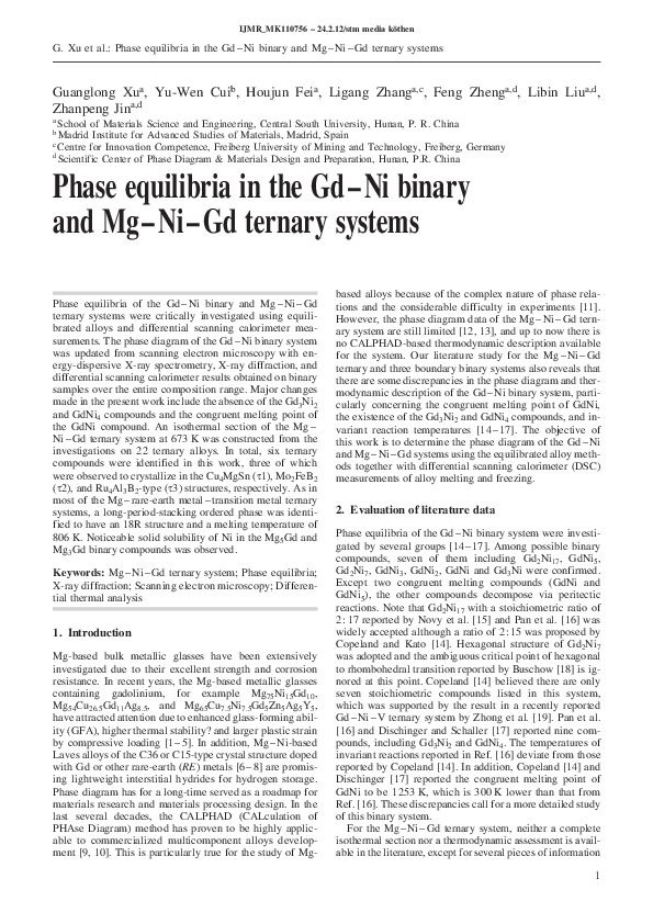 (PDF) Phase equilibria in the Gd–Ni binary and Mg–Ni–Gd ternary systems