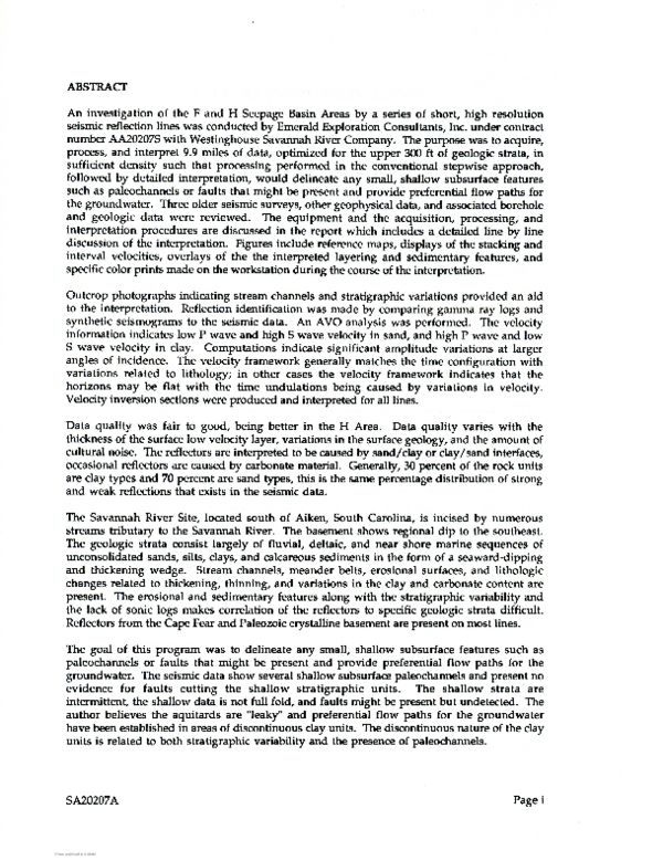 Berkman, E., 1991, "High Resolution Seismic Survey F and H Seepage Basins, Savannah River Site, South Carolina", Westinghouse Savannah River Company, Contract AA202075, 83 p., 135 figures, 2 tables, 3 appendicies