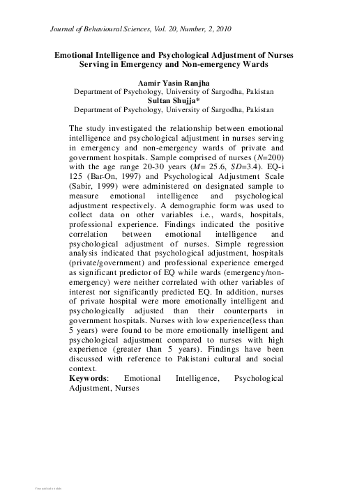 (PDF) Emotional intelligence and psychological adjustment of nurses ...