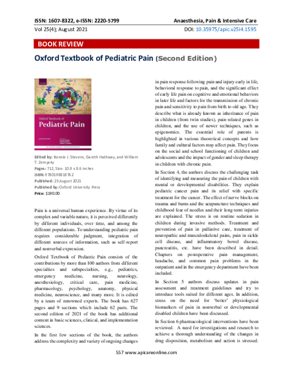 (PDF) Oxford Textbook of Pediatric Pain (Second Edition Anaesthesia