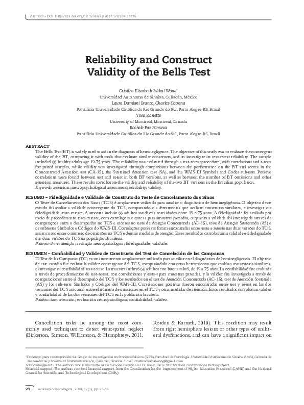 (PDF) Reliability and Construct Validity of the Bells Test
