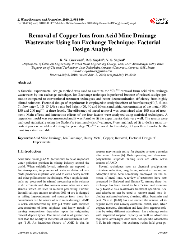 (PDF) Removal of Copper Ions from Acid Mine Drainage Wastewater Using ...