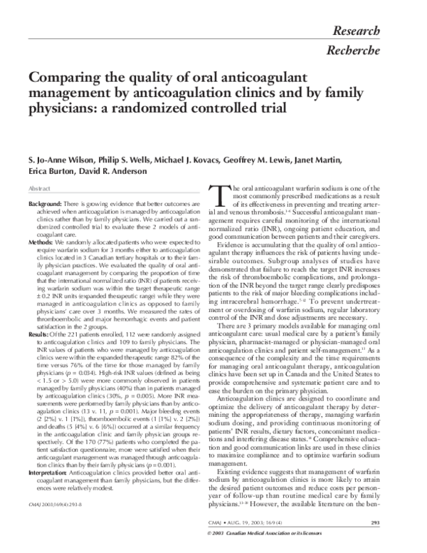 (PDF) Comparing the quality of oral anticoagulant management by ...