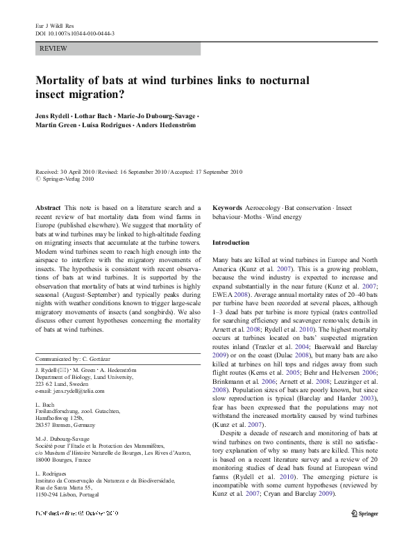 (PDF) Mortality of bats at wind turbines links to nocturnal insect ...