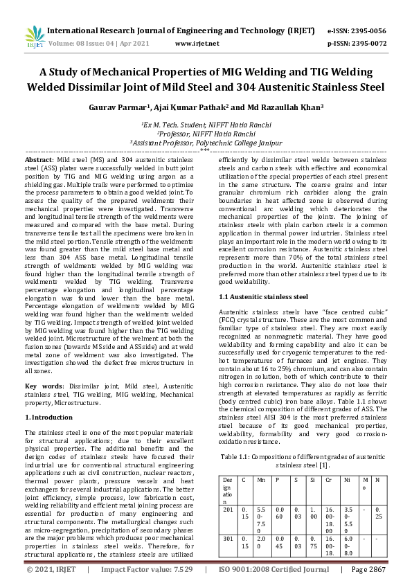 (PDF) IRJET- A Study of Mechanical Properties of MIG Welding and TIG ...
