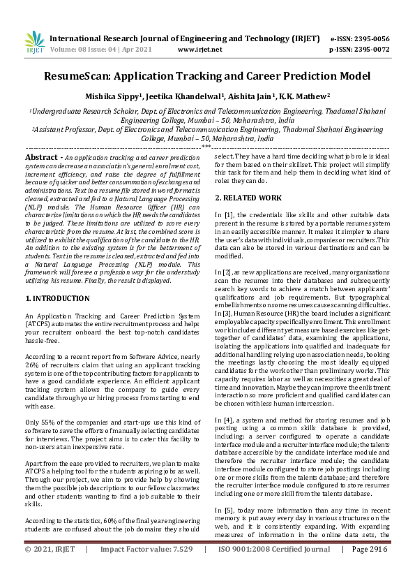 PDF) ResumeScan: Application Tracking and Career Prediction System