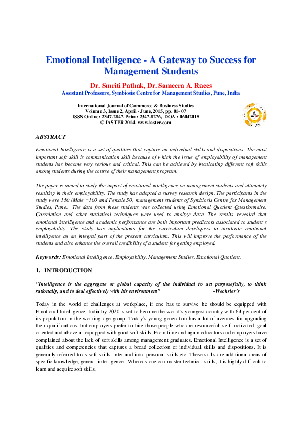 (PDF) Emotional Intelligence - A Gateway to Success for Management Students