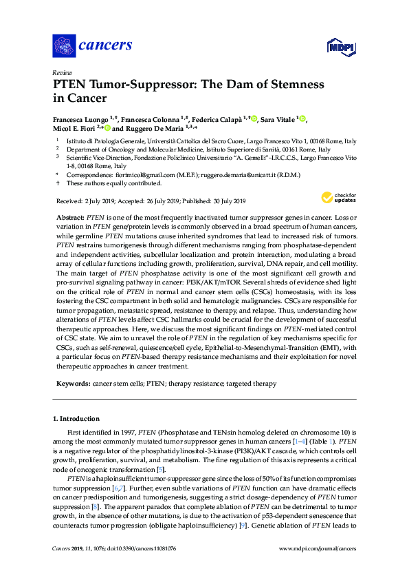 (PDF) PTEN Tumor-Suppressor: The Dam of Stemness in Cancer