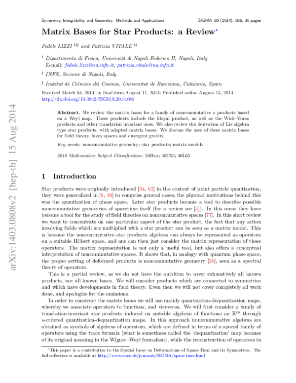 (PDF) Matrix Bases for Star Products: a Review
