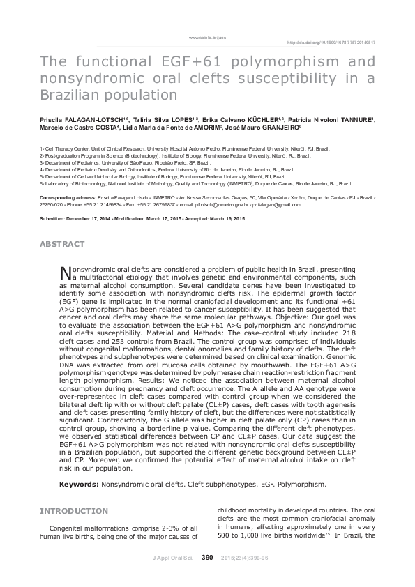 (PDF) The functional EGF+61 polymorphism and nonsyndromic oral clefts ...