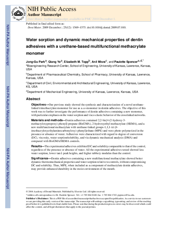 (PDF) Water sorption and dynamic mechanical properties of dentin