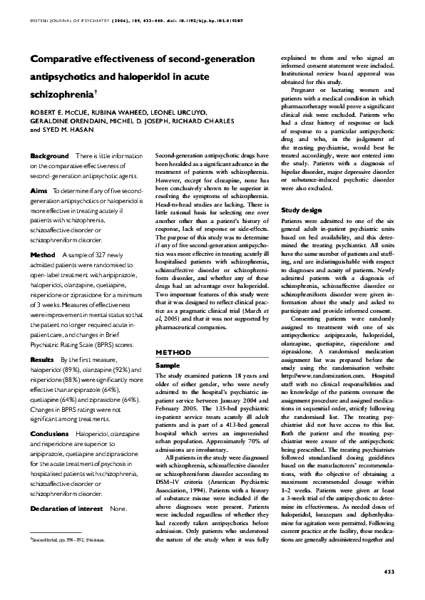 (PDF) Comparative effectiveness of second-generation antipsychotics and ...