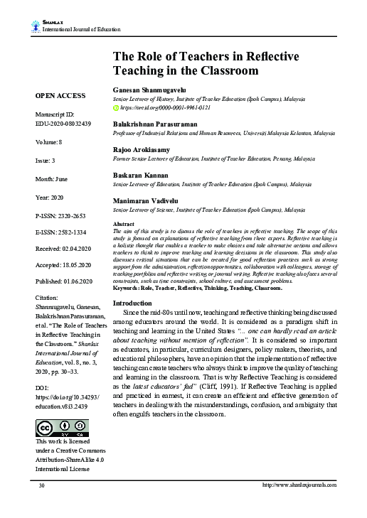 (PDF) The Role of Teachers in Reflective Teaching in the Classroom