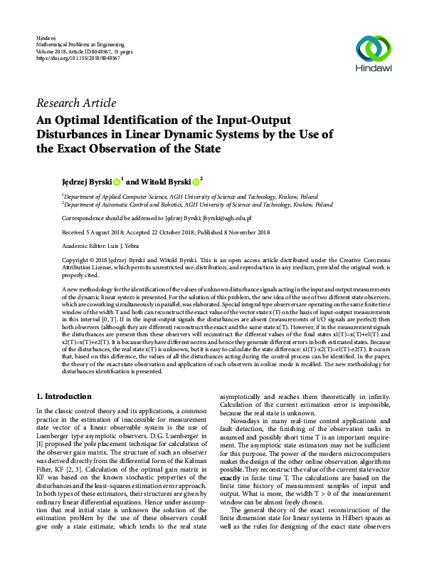 (PDF) An Optimal Identification of the Input-Output Disturbances in ...