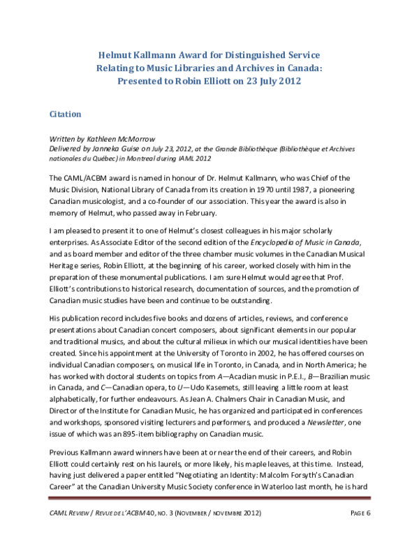 (PDF) Helmut Kallmann Award (2012): Presented to Robin Elliott ...