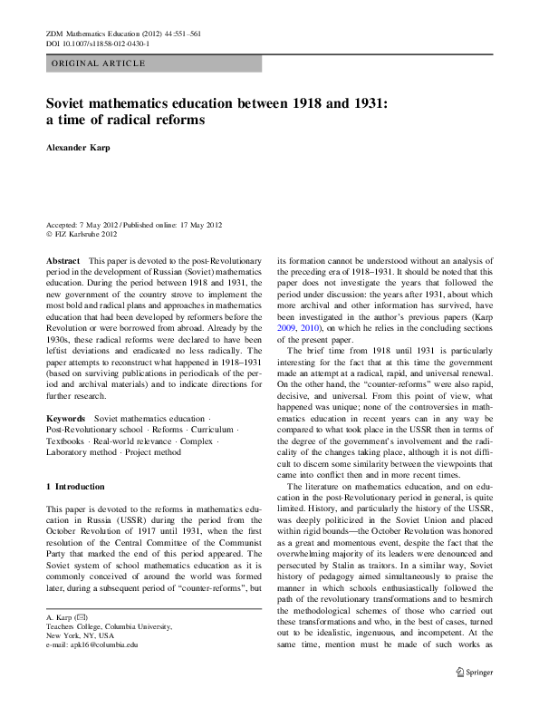 (PDF) Soviet mathematics education between 1918 and 1931: a time of ...