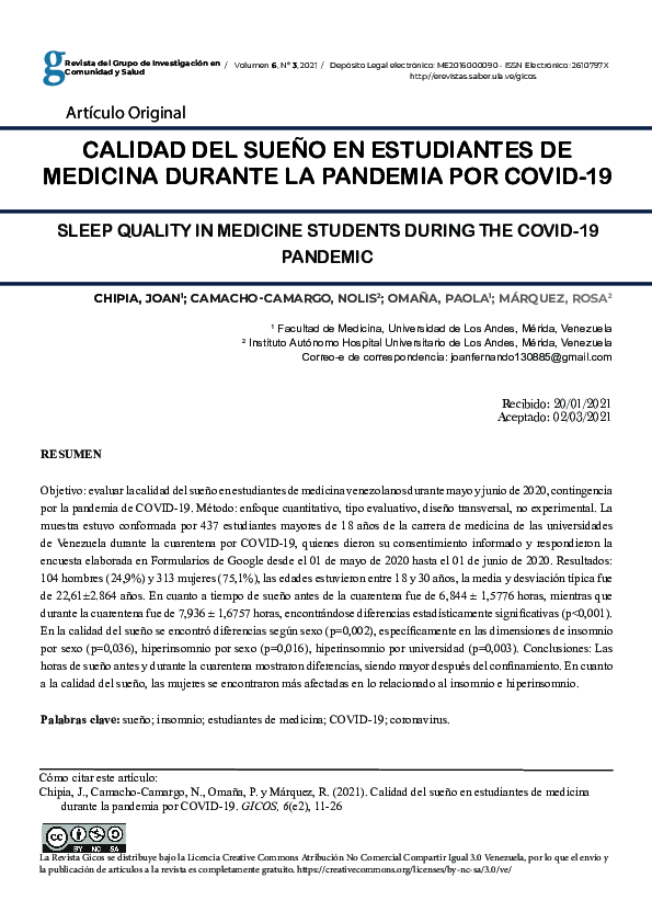 (PDF) CALIDAD DEL SUEÑO EN ESTUDIANTES DE MEDICINA DURANTE LA PANDEMIA ...