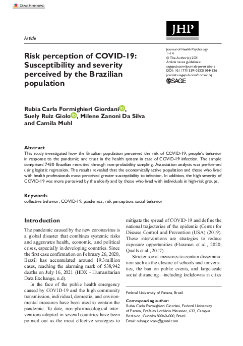 (PDF) Risk perception of COVID-19: Susceptibility and severity ...