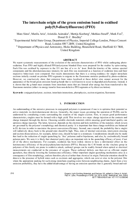 (PDF) The interchain origin of the green emission band in oxidized poly ...