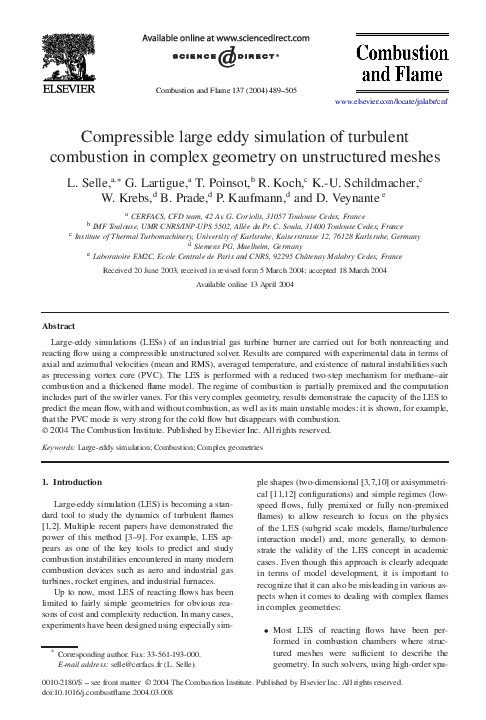 (PDF) Compressible large eddy simulation of turbulent combustion in ...