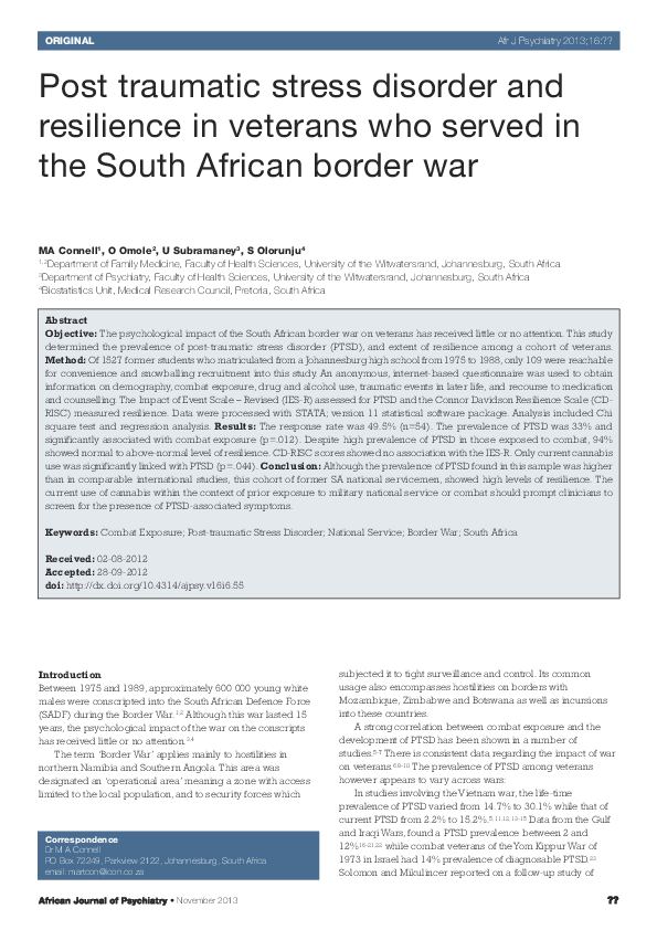 (PDF) Post traumatic stress disorder and resilience in veterans who ...