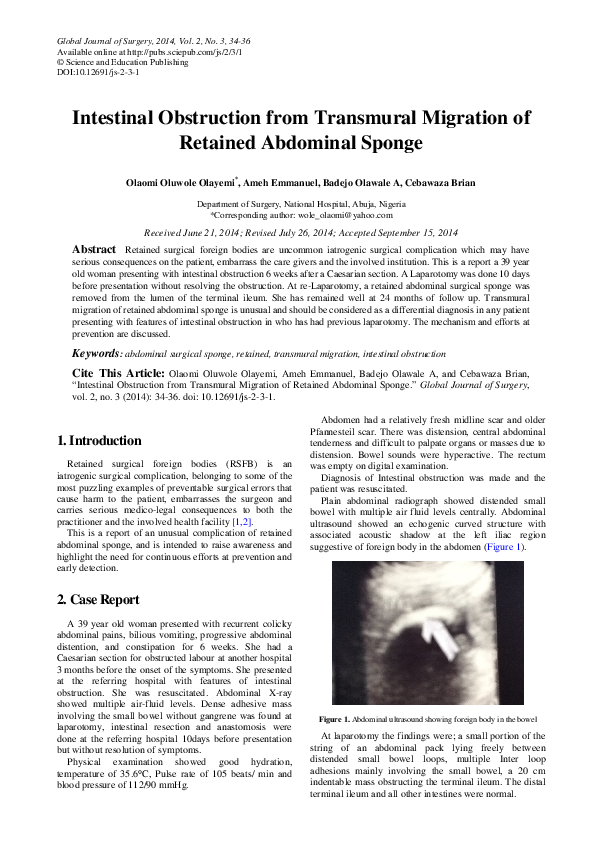 (PDF) Intestinal Obstruction from Transmural Migration of Retained ...