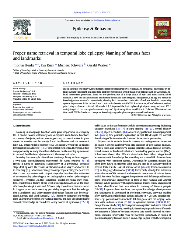 (PDF) Proper name retrieval in temporal lobe epilepsy: Naming of famous ...