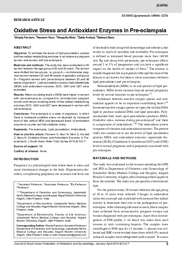 (PDF) Oxidative Stress and Antioxidant Enzymes in Pre-eclampsia