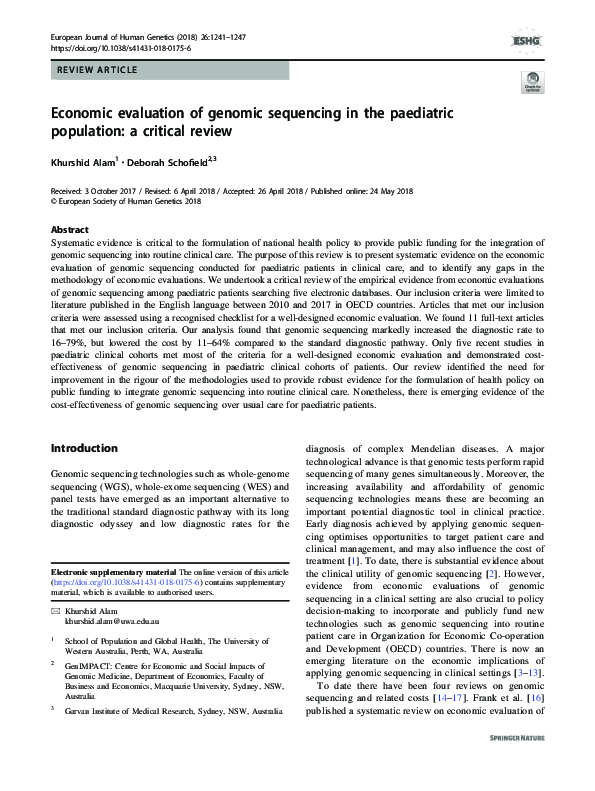 (PDF) Economic evaluation of genomic sequencing in the paediatric ...