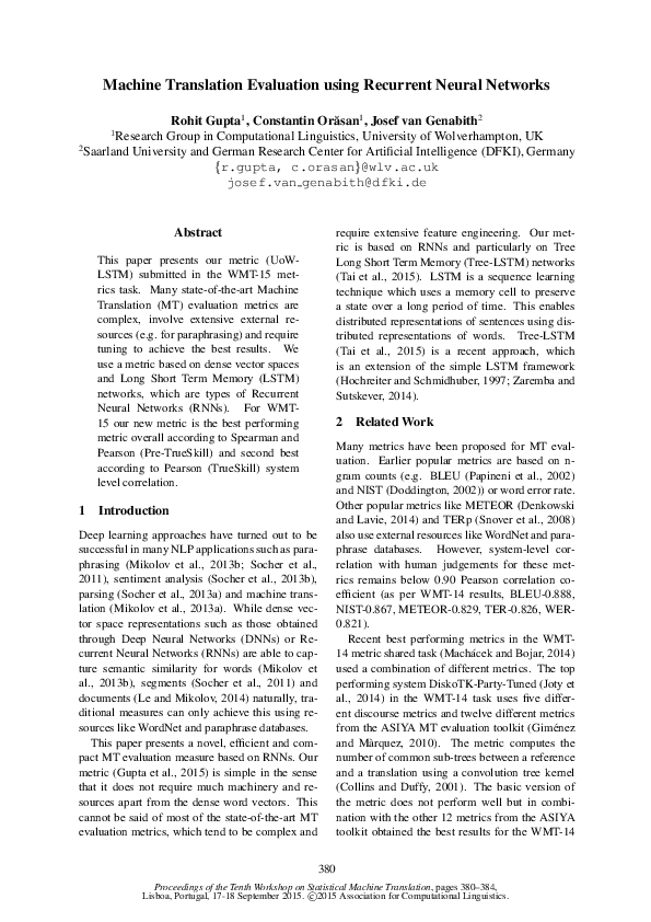 (PDF) Machine Translation Evaluation using Recurrent Neural Networks