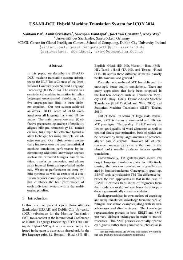 (PDF) USAAR-DCU Hybrid Machine Translation System for ICON 2014